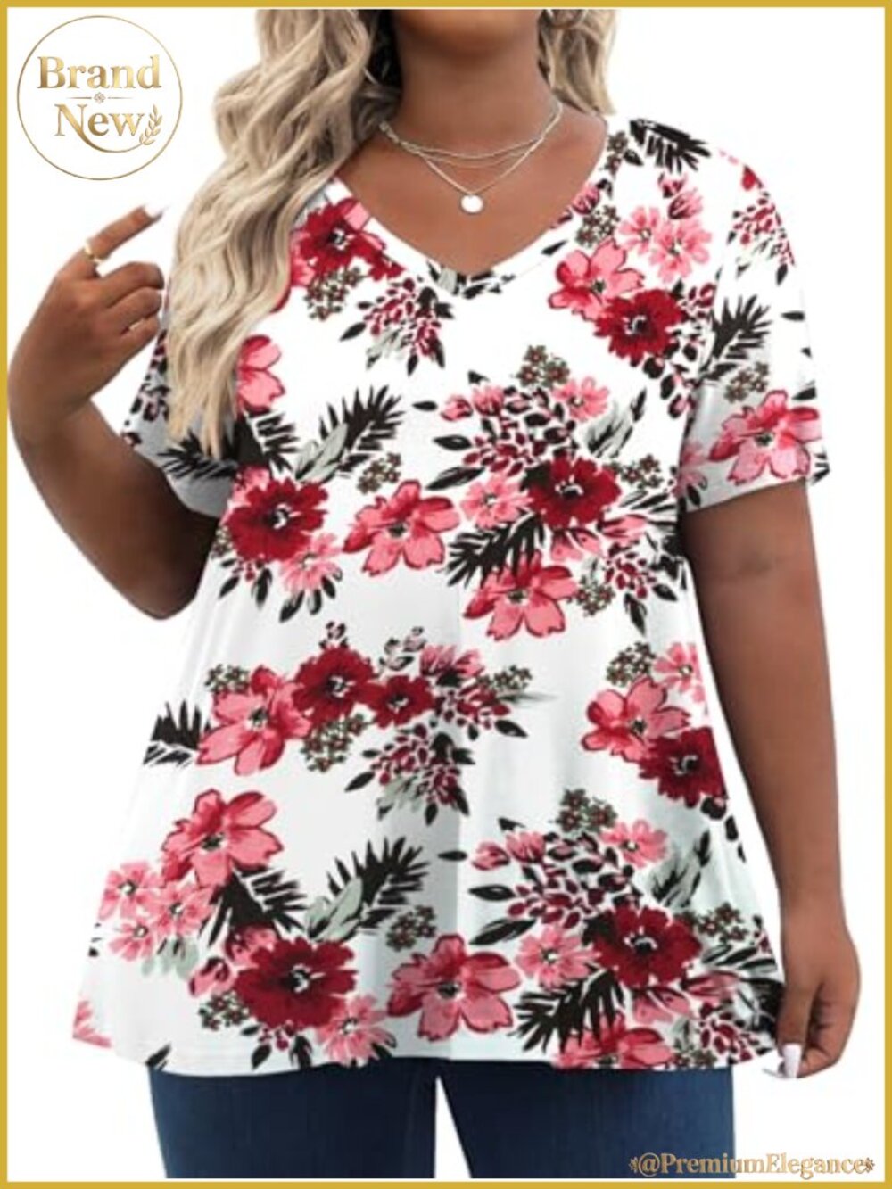 Plus Size Tunic Blouse V-Neck Short Sleeve Floral Loose Fit Summer Top 95% Rayon